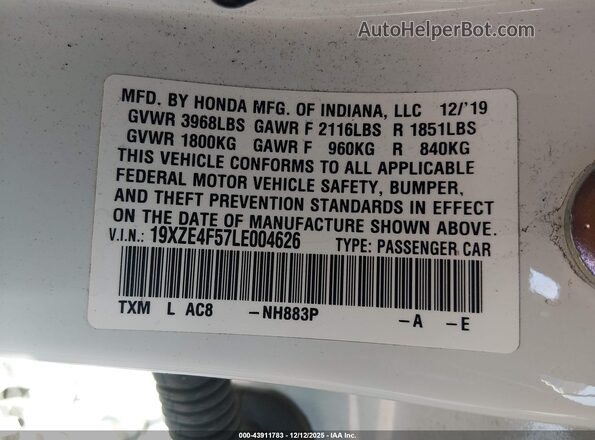 19XZE4F57LE004626 2020 HONDA INSIGHT White Շարժիչի բաժամունքի տեսք