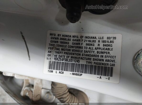 19XZE4F58LE011245 2020 HONDA INSIGHT White Вид підкапотного простору
