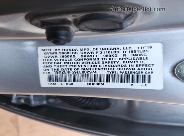 19XZE4F59LE002974 2020 HONDA INSIGHT Silver 
