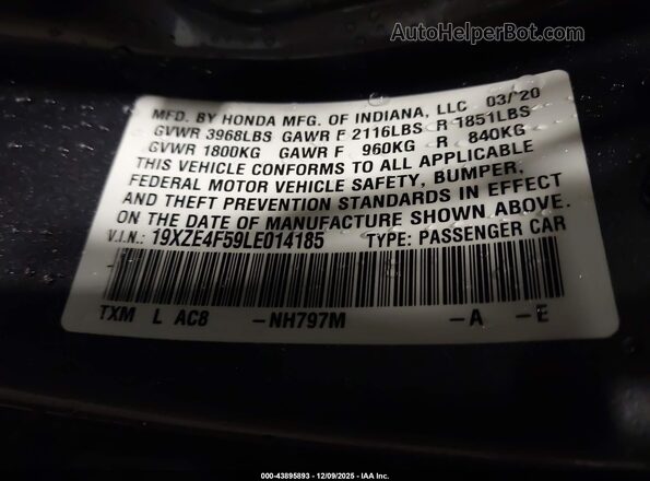 19XZE4F59LE014185 2020 HONDA INSIGHT Gray Engine compartment view