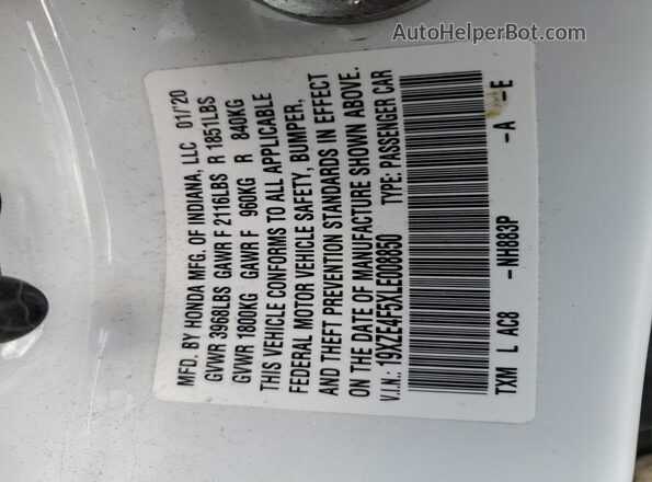 19XZE4F5XLE008850 2020 HONDA INSIGHT White VIN კოდის სტიკერის ხედი