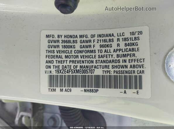 19XZE4F5XME005707 2021 HONDA INSIGHT White ძრავის განყოფილების ხედი