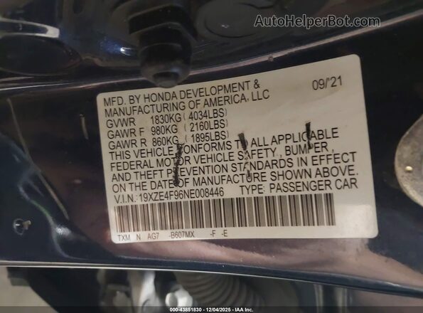 19XZE4F96NE008446 2022 HONDA INSIGHT Blue ძრავის განყოფილების ხედი
