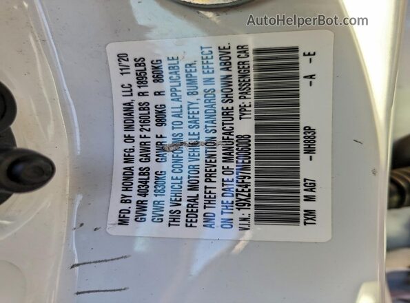 19XZE4F97ME006008 2021 HONDA INSIGHT White Widok naklejki z numerem VIN