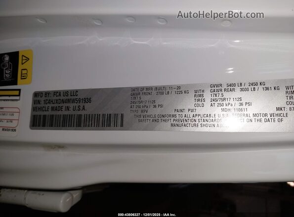 1C4HJXDN4MW591936 2021 JEEP WRANGLER UNLIMITED White Widok komory silnika