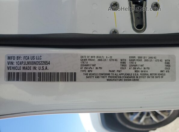 1C4PJLMX8ND522654 2022 JEEP CHEROKEE White Vista de la etiqueta del VIN