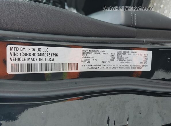 1C4RDHDG4MC761796 2021 DODGE DURANGO Black Вид наклейки з VIN-кодом