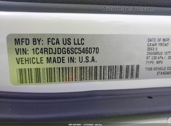 1C4RDJDG6SC546070 2025 DODGE DURANGO White Widok komory silnika