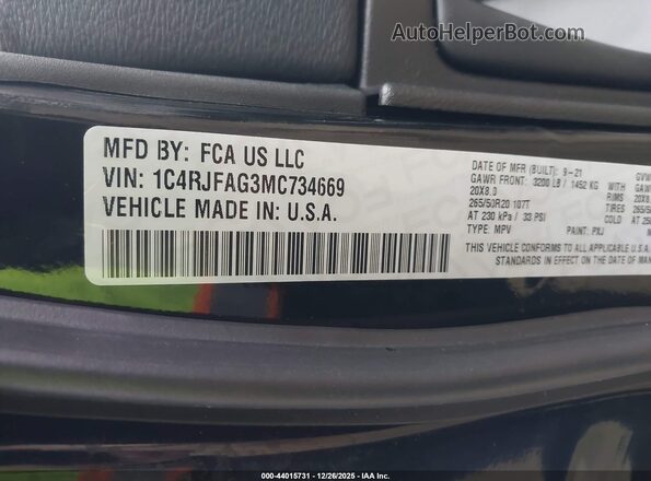 1C4RJFAG3MC734669 2021 JEEP GRAND CHEROKEE Black Շարժիչի բաժամունքի տեսք