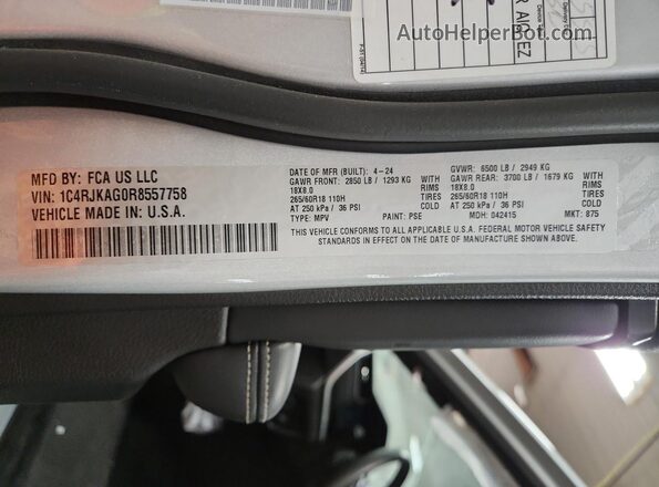 1C4RJKAG0R8557758 2024 JEEP GRAND Silver Widok naklejki z numerem VIN