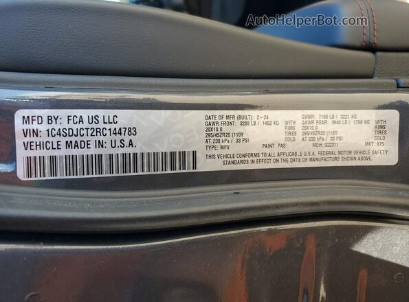 1C4SDJCT2RC144783 2024 DODGE DURANGO Gray 360 interior view