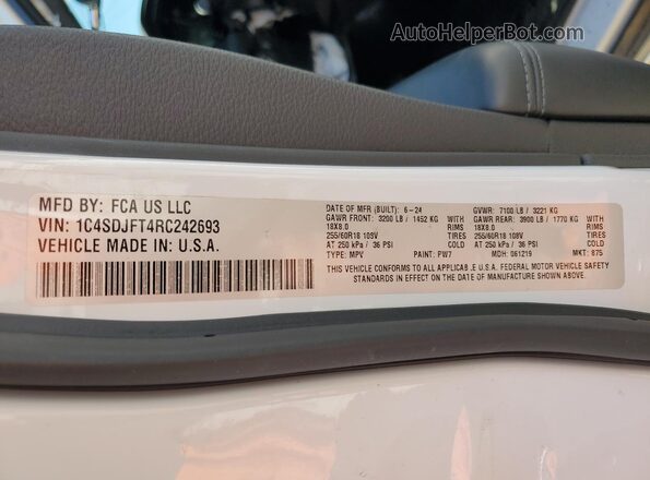 1C4SDJFT4RC242693 2024 DODGE DURANGO White 360 interior view