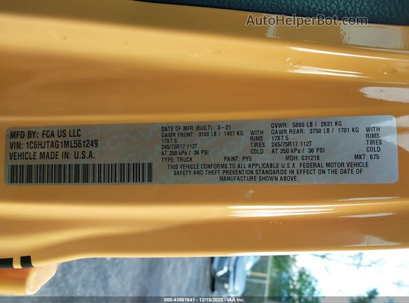 1C6HJTAG1ML561249 2021 JEEP GLADIATOR Yellow Вид підкапотного простору