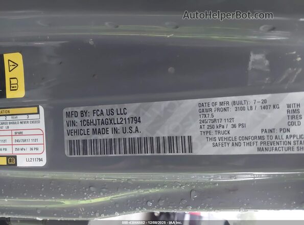1C6HJTAGXLL211794 2020 JEEP GLADIATOR Gray Շարժիչի բաժամունքի տեսք