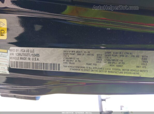 1C6RJTEG2TL153405 2026 JEEP GLADIATOR Black Widok komory silnika