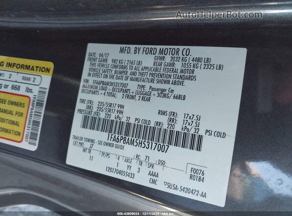 1FA6P8AM5H5317007 2017 FORD MUSTANG Gray 