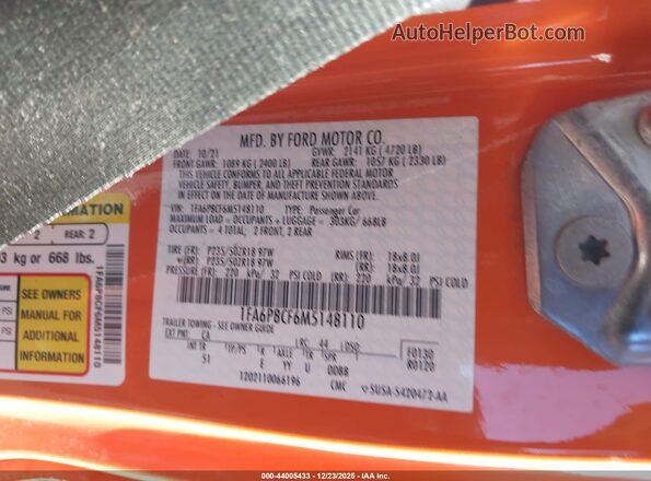 1FA6P8CF6M5148110 2021 FORD MUSTANG Orange 