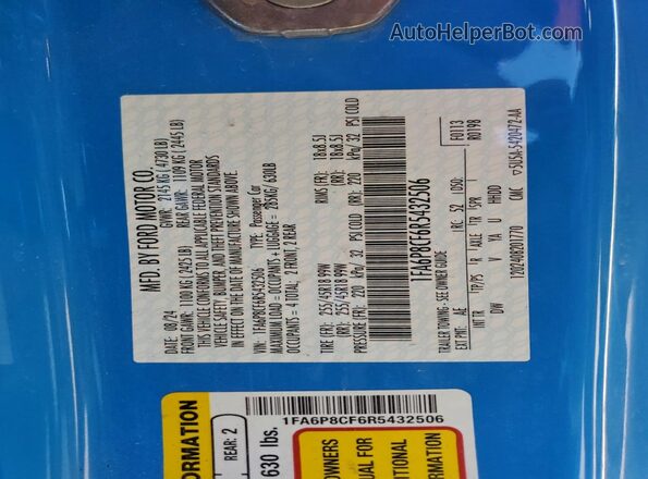 1FA6P8CF6R5432506 2024 FORD MUSTANG Blue Vista del compartimento del motor