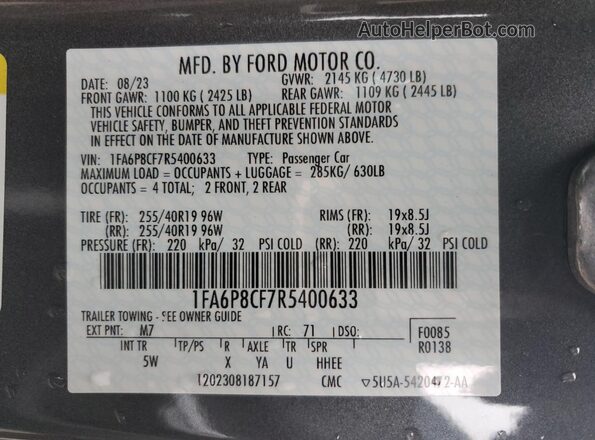 1FA6P8CF7R5400633 2024 FORD MUSTANG Gray Vista de la etiqueta del VIN