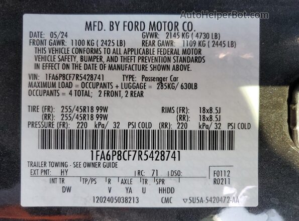 1FA6P8CF7R5428741 2024 FORD MUSTANG Gray Engine compartment view