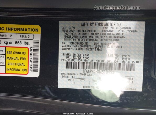 1FA6P8CF8M5104531 2021 FORD MUSTANG Черный Вид подкапотного пространства