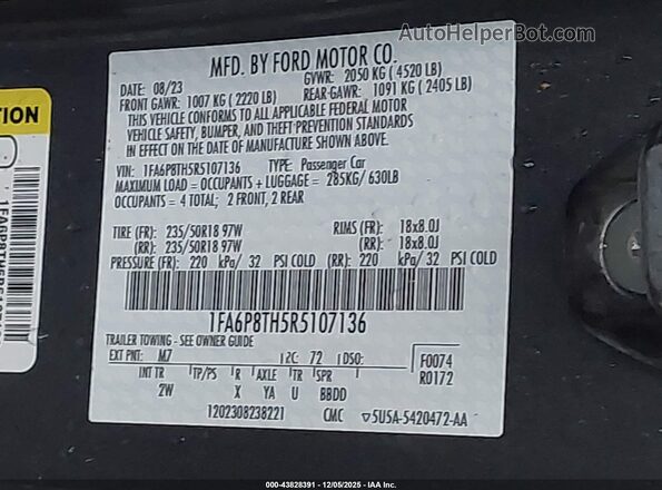 1FA6P8TH5R5107136 2024 FORD MUSTANG Серый Вид подкапотного пространства