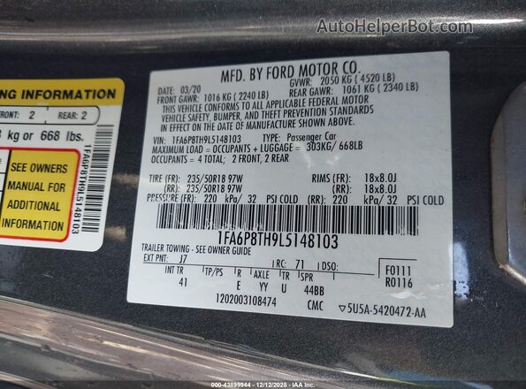 1FA6P8TH9L5148103 2020 FORD MUSTANG Black Widok komory silnika