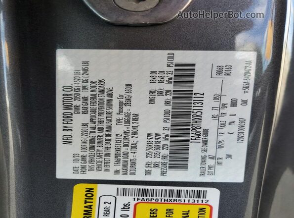 1FA6P8THXR5113112 2024 FORD MUSTANG Gray Widok naklejki z numerem VIN