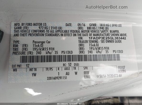1FADP3E25GL383442 2016 FORD FOCUS White Tył prawy