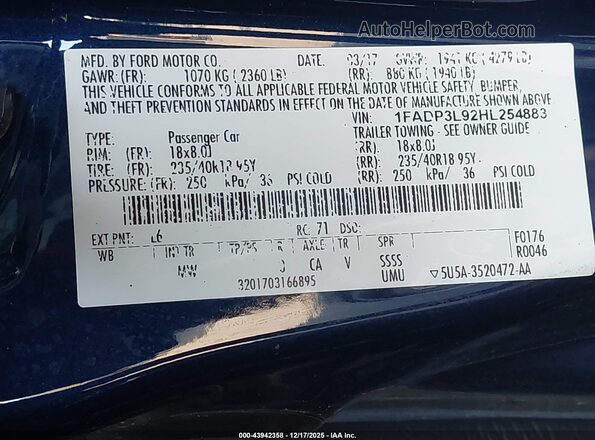1FADP3L92HL254883 2017 FORD FOCUS ST Dark Blue Вид підкапотного простору