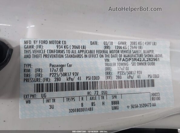 1FADP3R42JL282961 2018 FORD FOCUS ELECTRIC White 