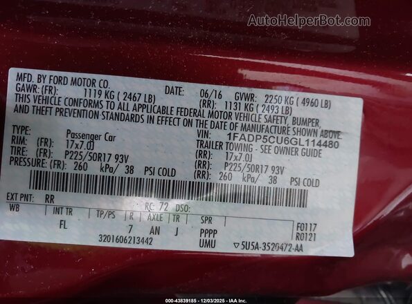1FADP5CU6GL114480 2016 FORD C-MAX ENERGI Red Շարժիչի բաժամունքի տեսք