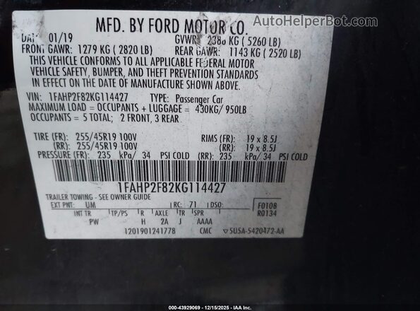 1FAHP2F82KG114427 2019 FORD TAURUS Black Widok komory silnika