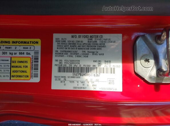 1FATP8UH0M5116367 2021 FORD MUSTANG Red 