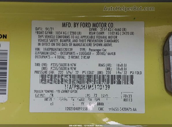 1FATP8UH7M5120139 2021 FORD MUSTANG Yellow ძრავის განყოფილების ხედი