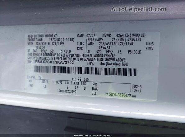 1FBAX2C83NKA73702 2022 FORD PASSENGER White Engine compartment view