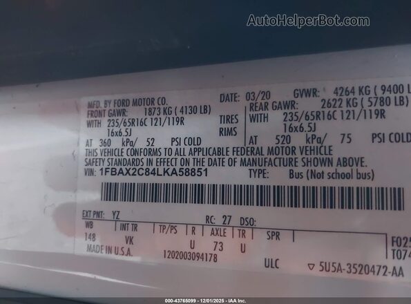 1FBAX2C84LKA58851 2020 FORD PASSENGER White Widok komory silnika