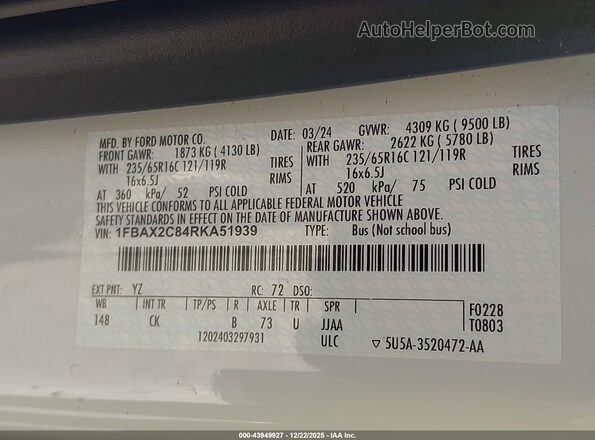 1FBAX2C84RKA51939 2024 FORD PASSENGER White Vista del compartimento del motor