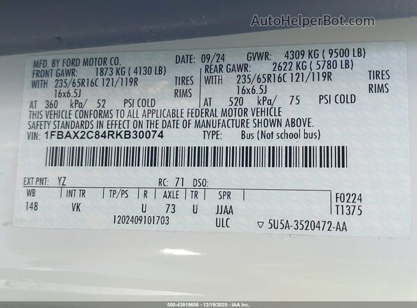 1FBAX2C84RKB30074 2024 FORD PASSENGER White Vista del compartimento del motor