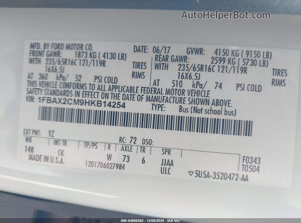 1FBAX2CM9HKB14254 2017 FORD TRANSIT-350 White 