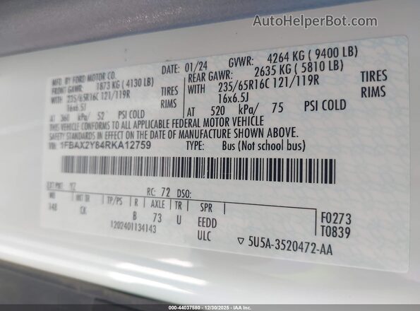 1FBAX2Y84RKA12759 2024 FORD PASSENGER White Շարժիչի բաժամունքի տեսք
