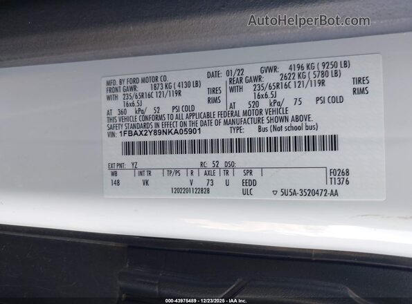 1FBAX2Y89NKA05901 2022 FORD PASSENGER White Вид підкапотного простору