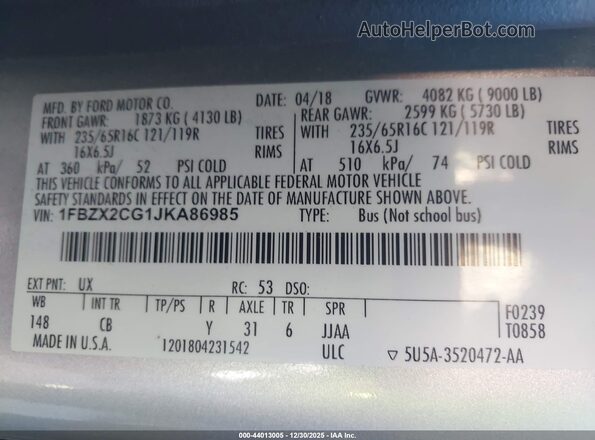 1FBZX2CG1JKA86985 2018 FORD TRANSIT-350 Gray 