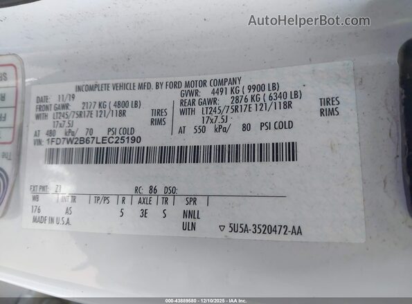 1FD7W2B67LEC25190 2020 FORD F-250 White Вид підкапотного простору