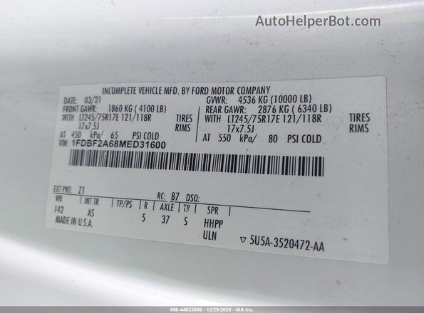 1FDBF2A68MED31600 2021 FORD F-250 White Vista del compartimento del motor