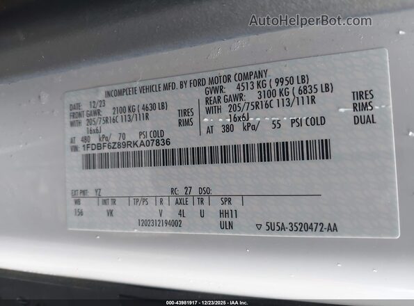 1FDBF6Z89RKA07836 2024 FORD TRANSIT-350 White Widok naklejki z numerem VIN
