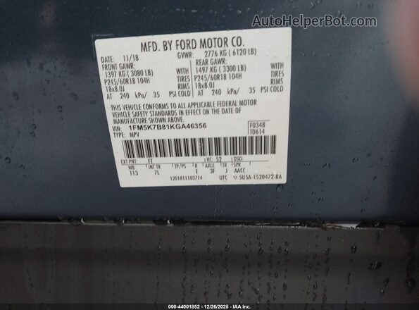 1FM5K7B81KGA46356 2019 FORD FORD EXPLORER Blue Вид підкапотного простору