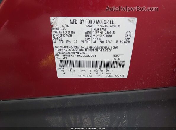 1FM5K7F89GGC23964 2016 FORD FORD EXPLORER Red Vista del compartimento del motor