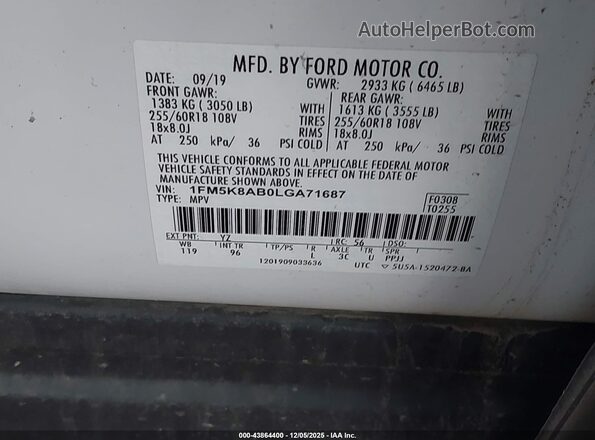 1FM5K8AB0LGA71687 2020 FORD POLICE INTERCEPTOR White Շարժիչի բաժամունքի տեսք