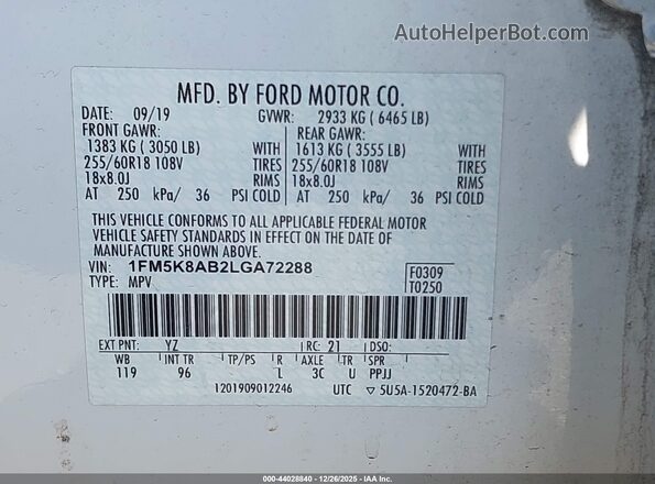 1FM5K8AB2LGA72288 2020 FORD POLICE INTERCEPTOR White Widok komory silnika